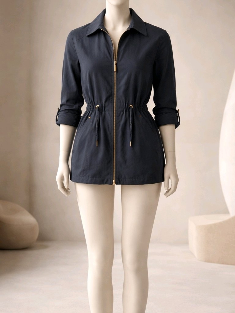 ZARA Basic Dark Navy Lightweight Field Jacket | Cinched Waist Gold Zip- Small